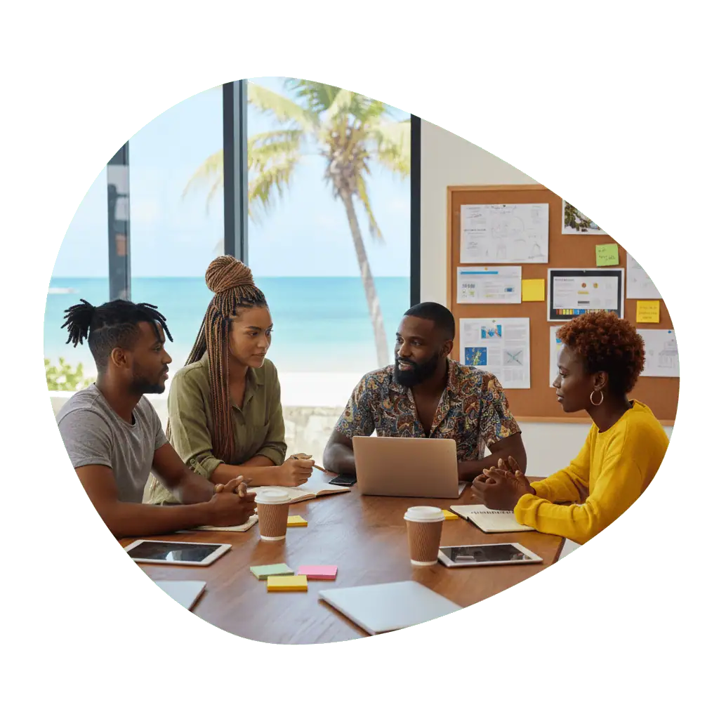 Four people talking around a table with laptops and coffee, with the sea and a palm tree outside the window