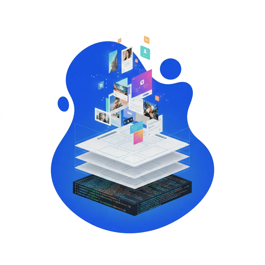 Illustration of website page layouts stacked on top of code